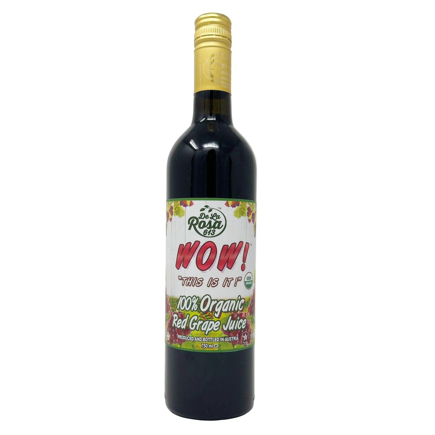 A bottle of De La Rosa Organic Red Grape Juice with a label stating 'WOW! 100% Organic Red Grape Juice' and the brand logo.