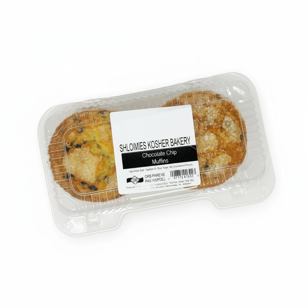 Packaged Shlomies Chocolate Chip Muffins in a plastic container with the brand label visible.