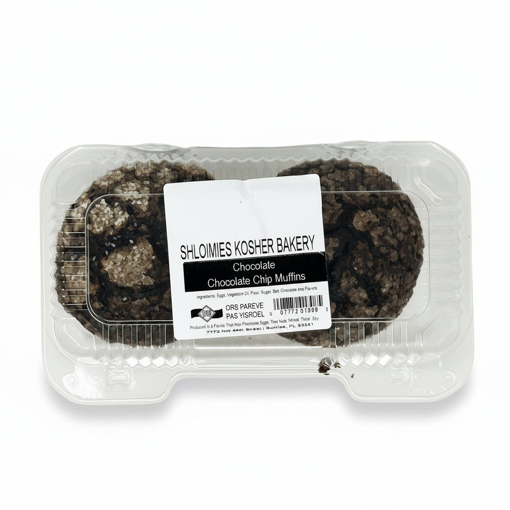 Packaged Shlomies Double Chocolate Chip Muffins in a plastic container with the label showing the product name and ingredients.
