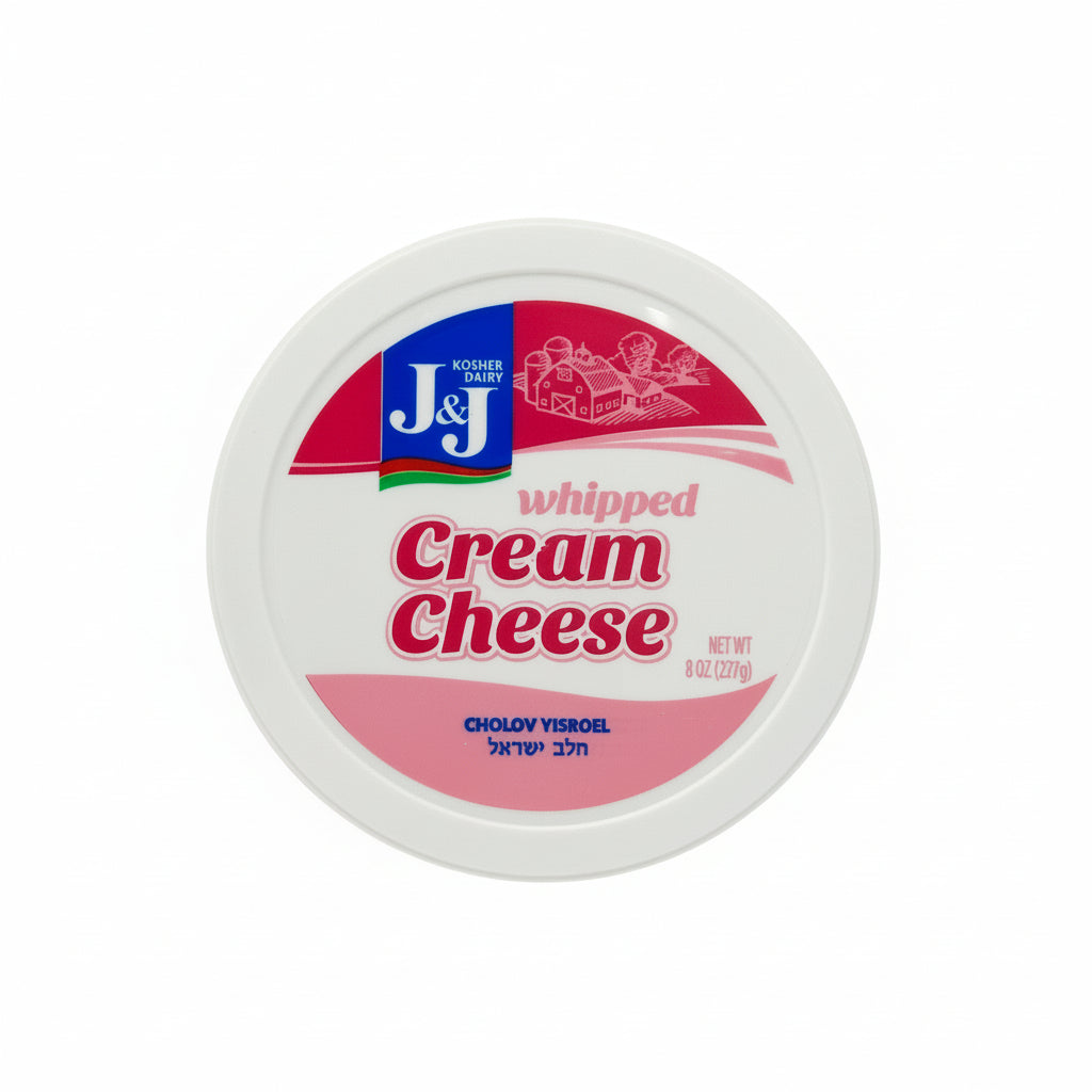 A container of J&J Whipped Cream Cheese, 8 oz size, with branding and product information on the label.