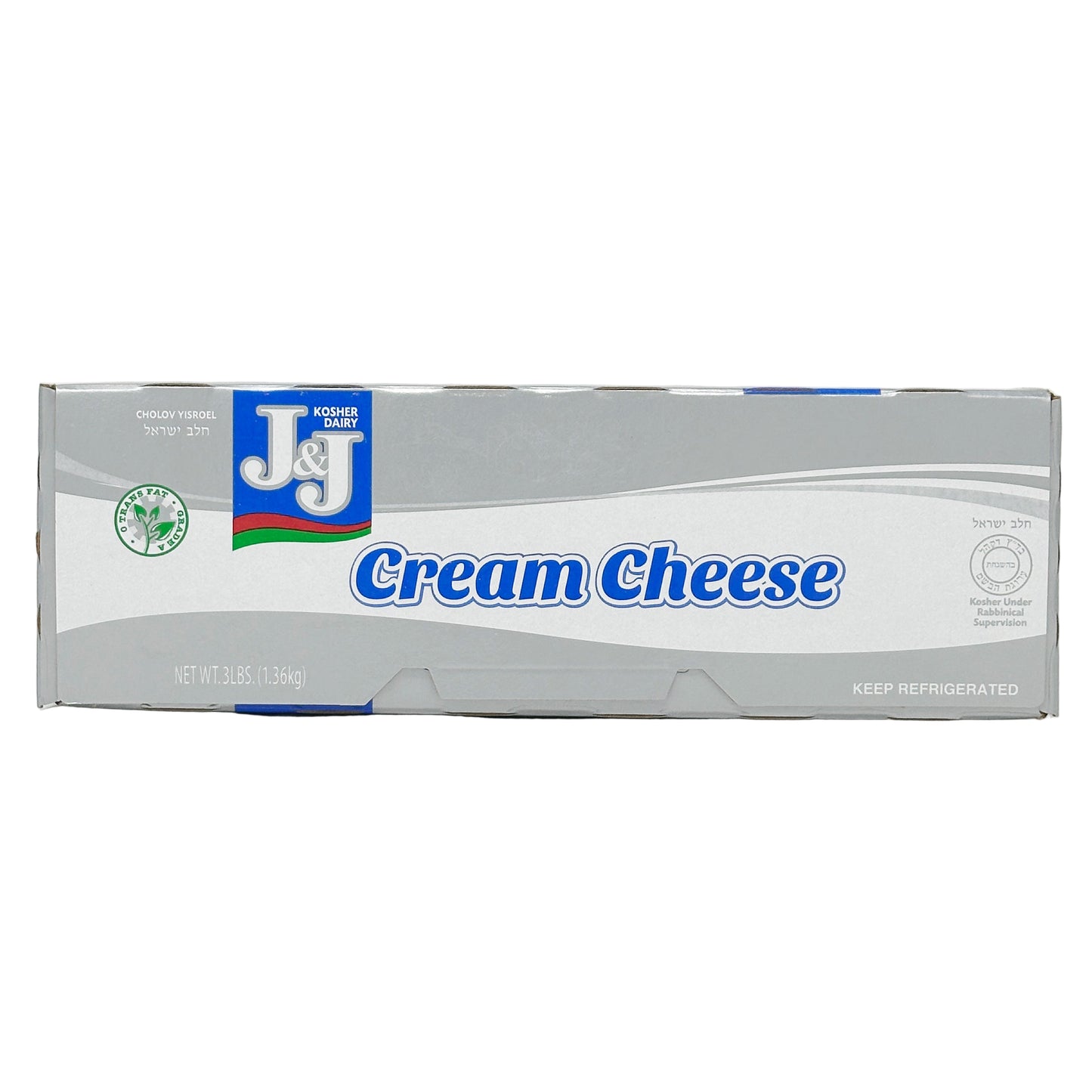 Packaging of J&J Cream Cheese in a 48 oz container, predominantly white and blue in color with the product name and brand clearly displayed.