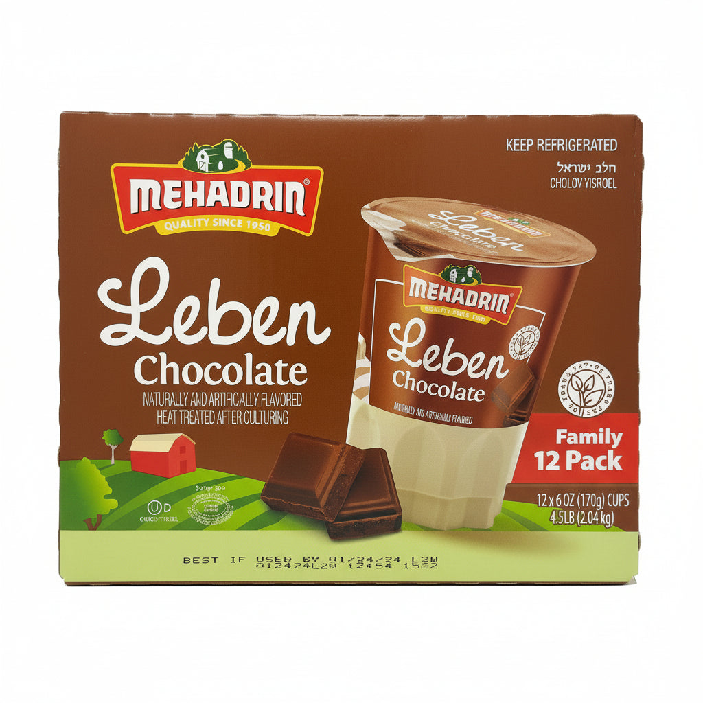 Packaging of Mehadrin Chocolate Leben Family Pack, showing the product name, brand logo, and an image of a chocolate bar. The pack is brown with green and white accents, and it has the text 'Keep refrigerated' and 'Family pack 12 pcs'.
