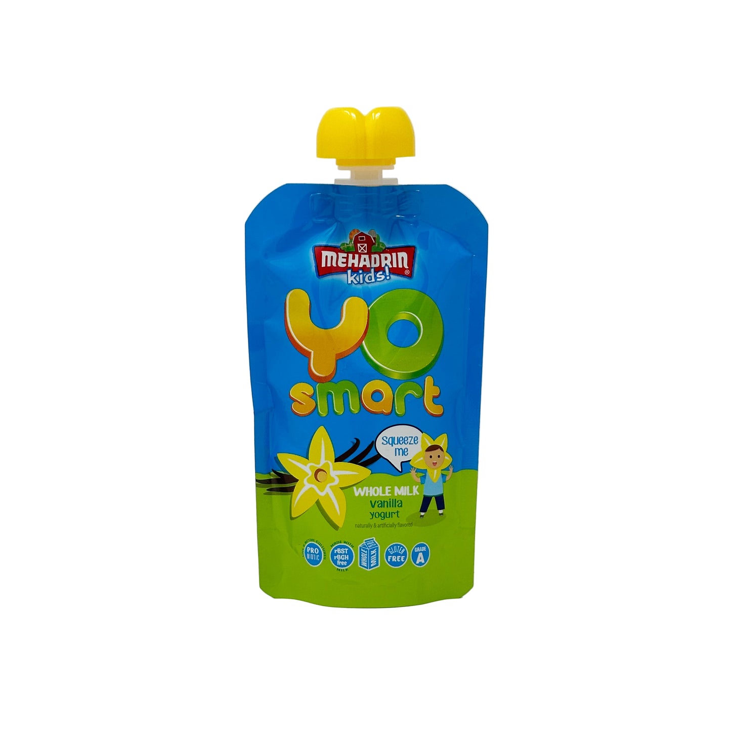 A plastic pouch of Mehadrin Kids Yo Smart Vanilla yogurt, with colorful branding and a clear window showing the yogurt inside.