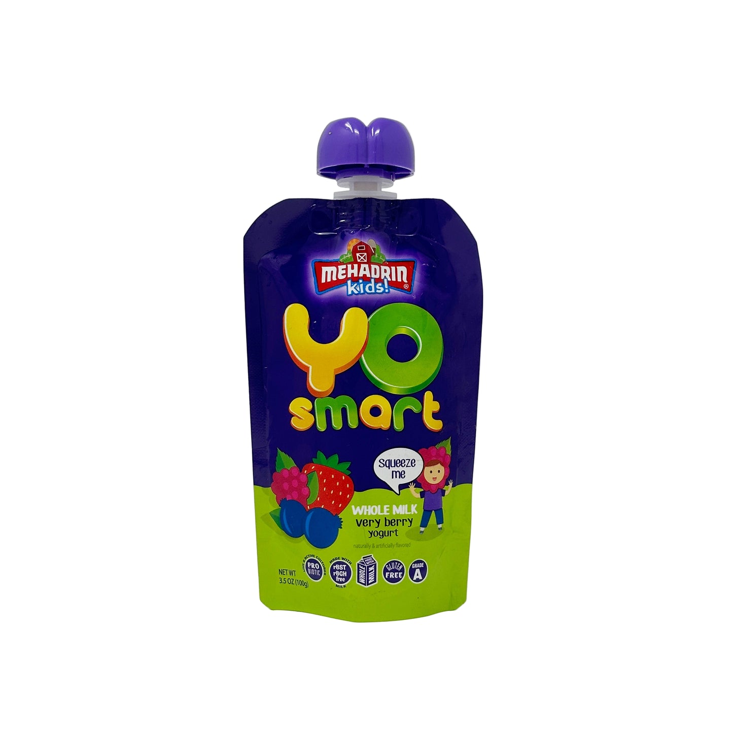 Pouch of Mehadrin Kids Yo Smart Very Berry Yogurt with a child's drawing style design, featuring fruits and a character.