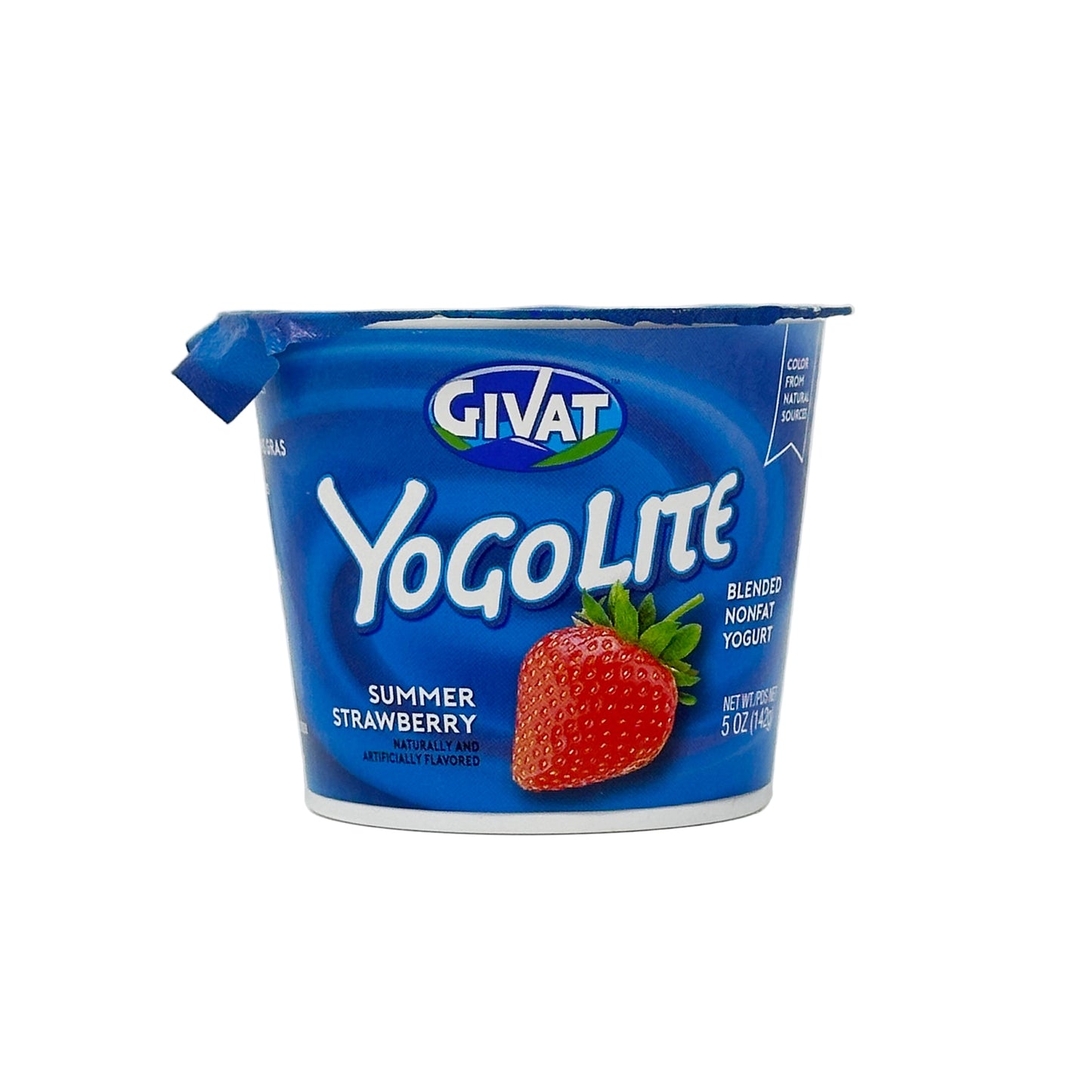 A container of Givat YogoLite Summer Strawberry flavored yogurt, with a visible strawberry on the label and a blue background.