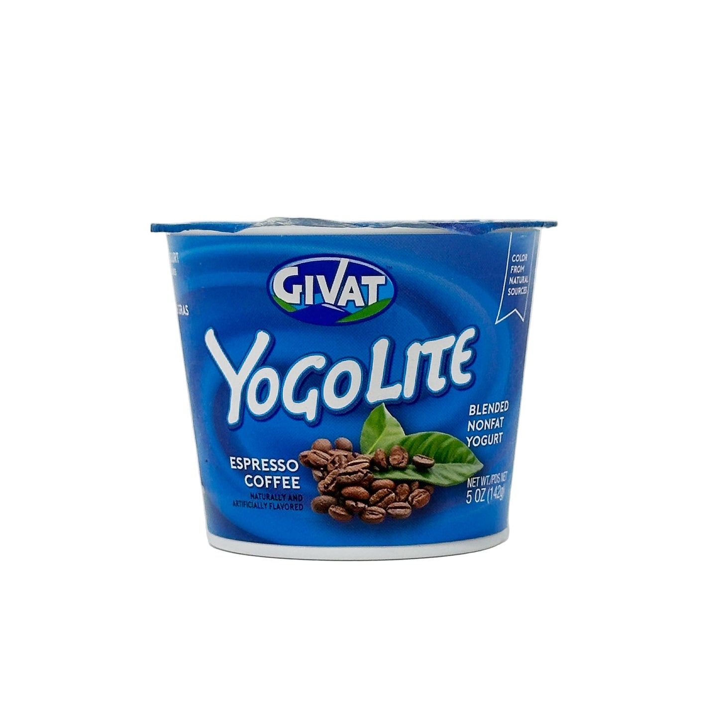 A container of Givat YogoLite Espresso Coffee, with the brand and product name visible, indicating a blend of espresso and coffee.