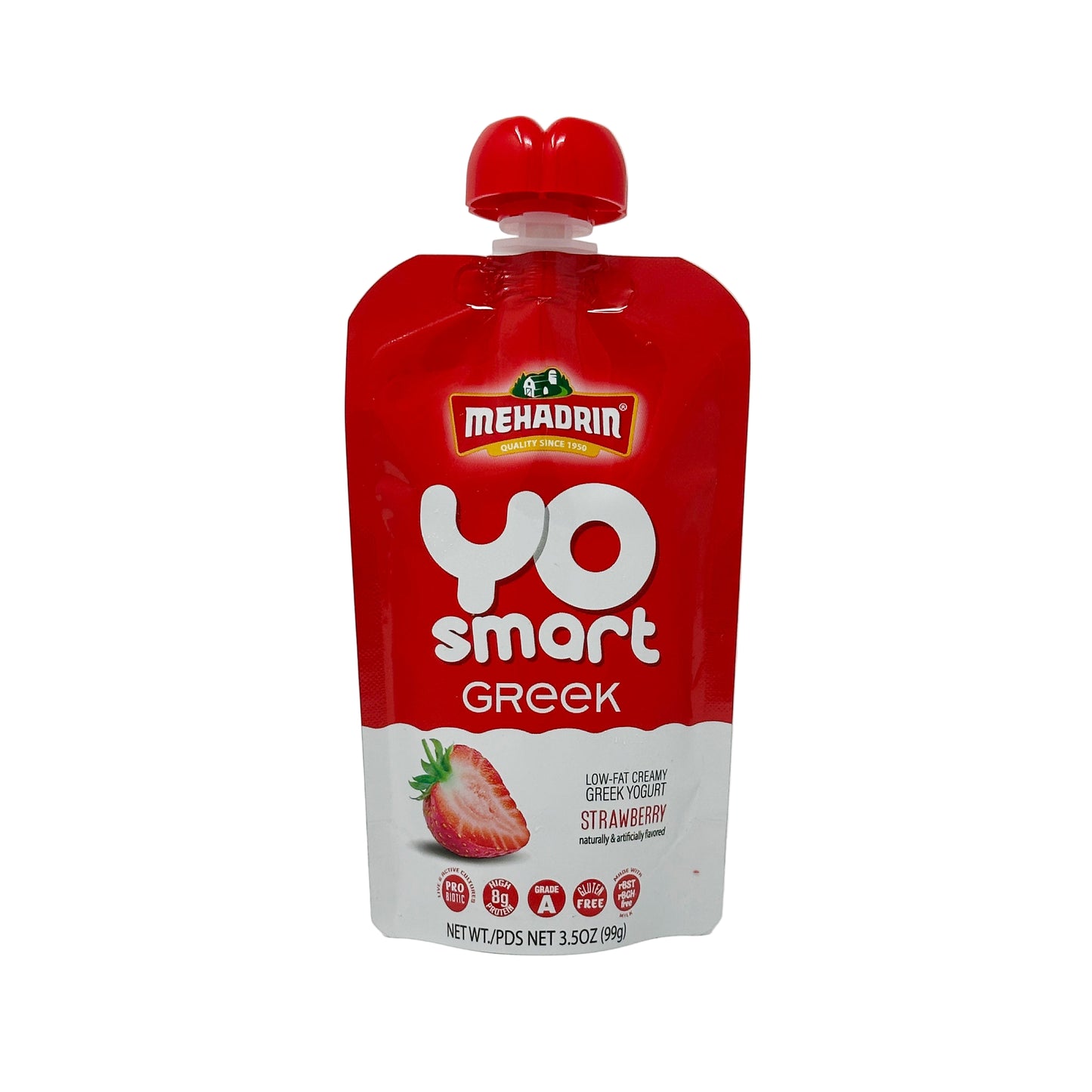 A pouch of Mehadrin Yo Smart Greek yogurt with strawberry flavor. The packaging is red with an image of a strawberry and text displaying the product name and size.