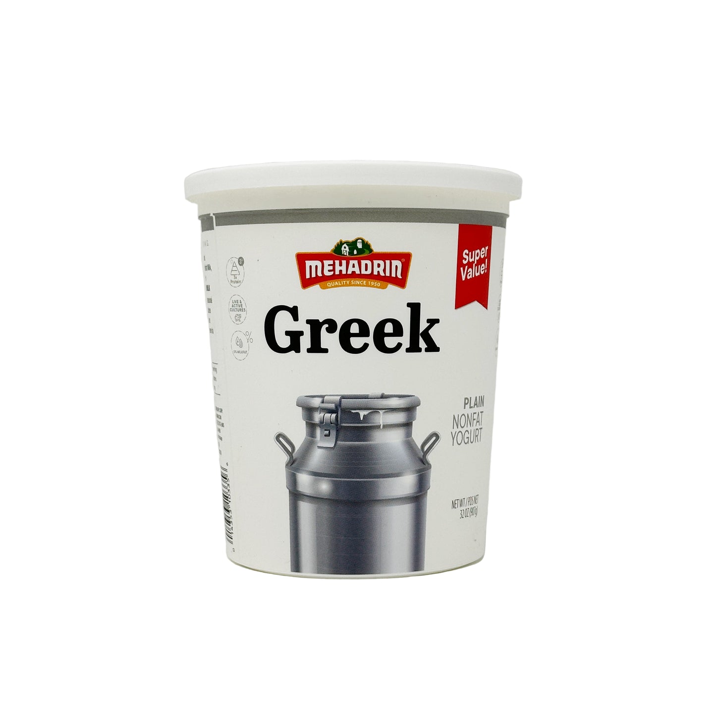 A container of Mehadrin Greek non-fat plain yogurt, 32 oz size, with the brand logo and a picture of a Greek yogurt maker on the label.