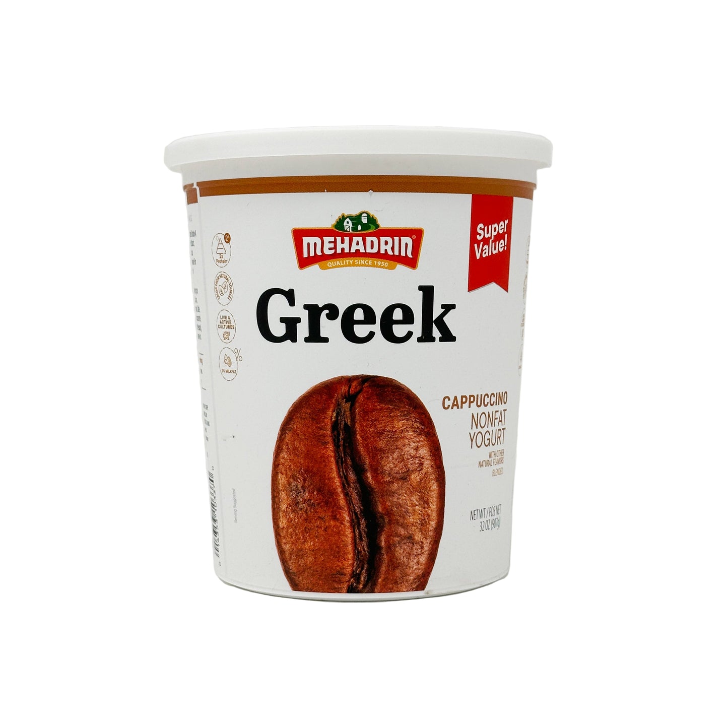 A container of Mehadrin Greek Yogurt Capuccino with a visual representation of a cup of coffee on the front, indicating the flavor.