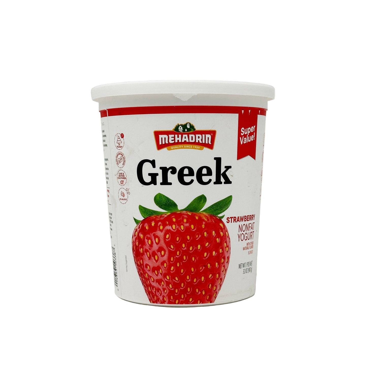 A tub of Mehadrin Greek Yogurt Strawberry flavor, 32 oz in size, with a prominent strawberry image on the label.
