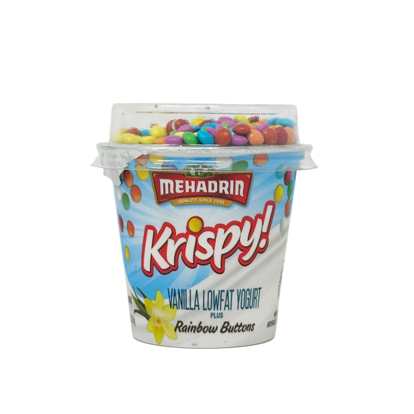 A container of Mehadrin Krispy Rainbow Buttons, which are vanilla-flavored yogurt pops with colorful rainbow sprinkles on top.