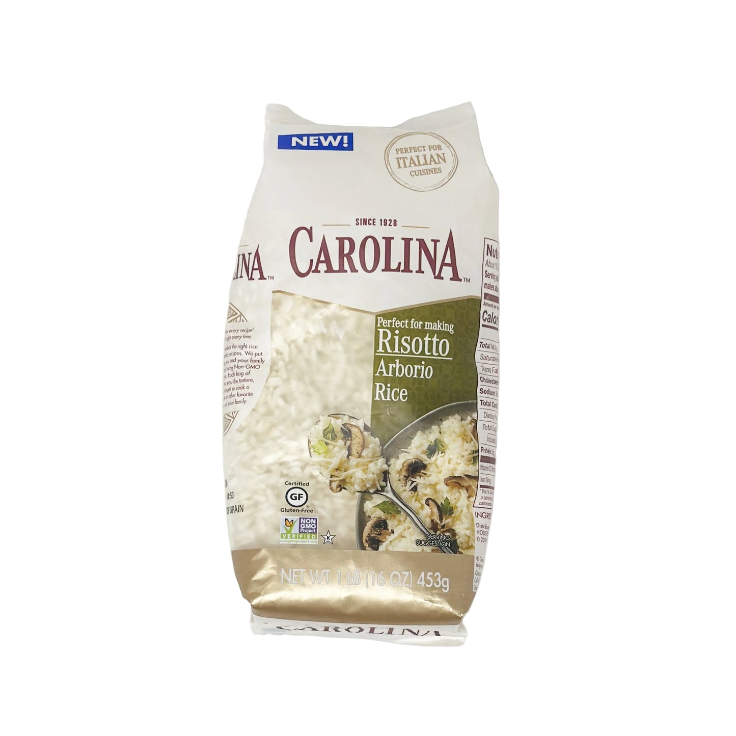 Packaging of Carolina Aborio Risotto Rice 16 oz showing the product and some images of prepared risotto dishes.