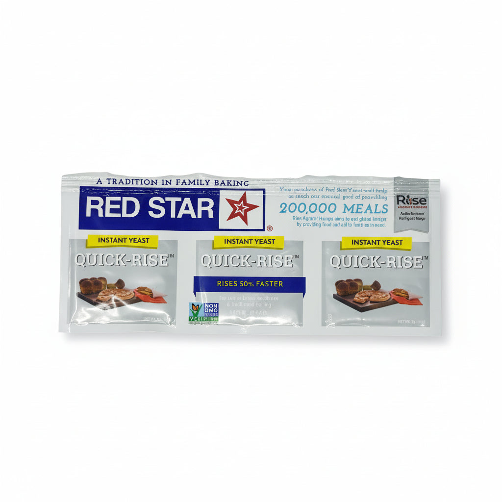 Packaging of Red Star Quick Rise Yeast, showing three individual sachets of yeast.