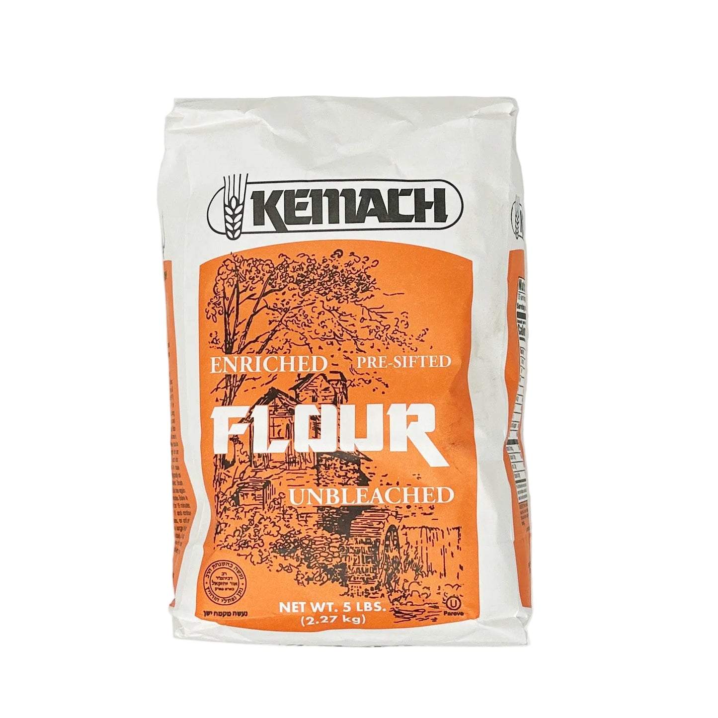 A bag of Kemach Enriched Flour Unbleached in 5 lbs size, with branding and product information printed on the front.