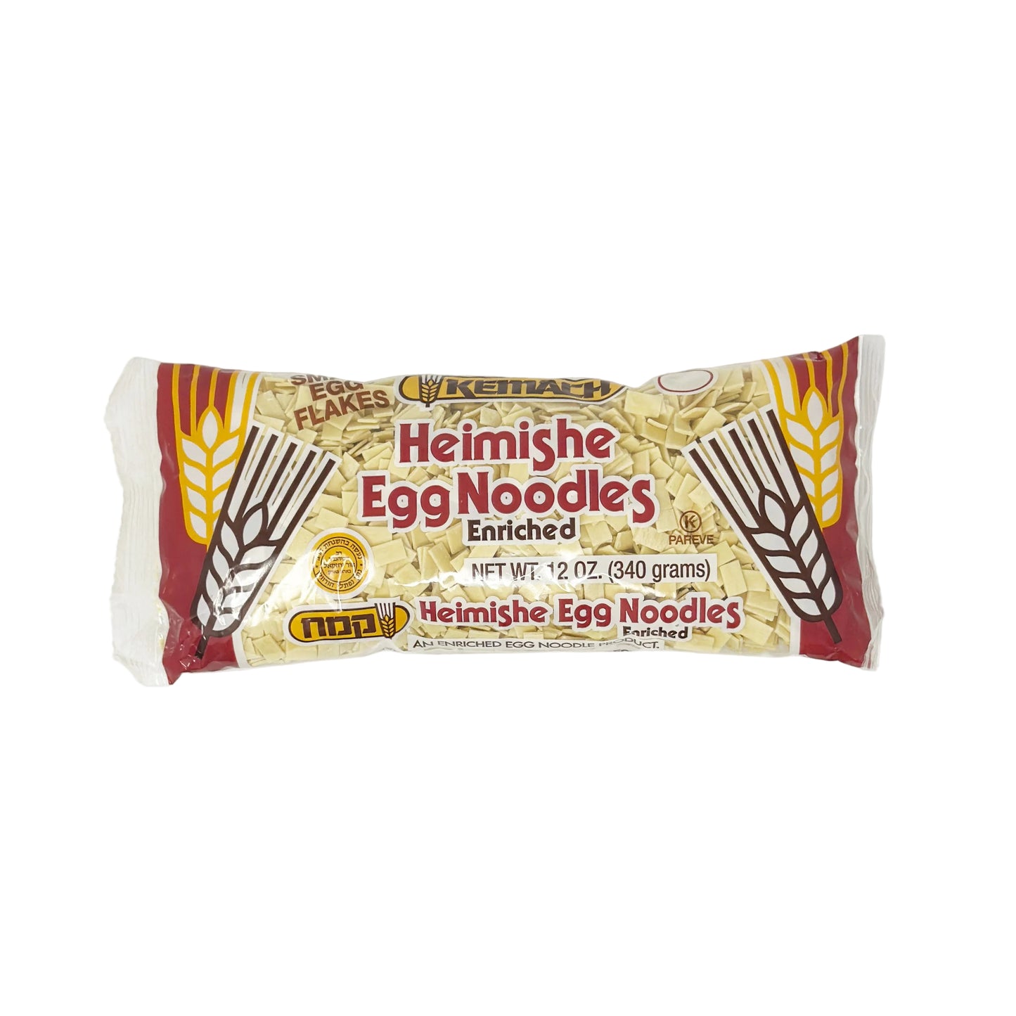 Packaging of Kemach Small Egg Flakes Noodles 12 oz with product visible through the clear section of the packaging.