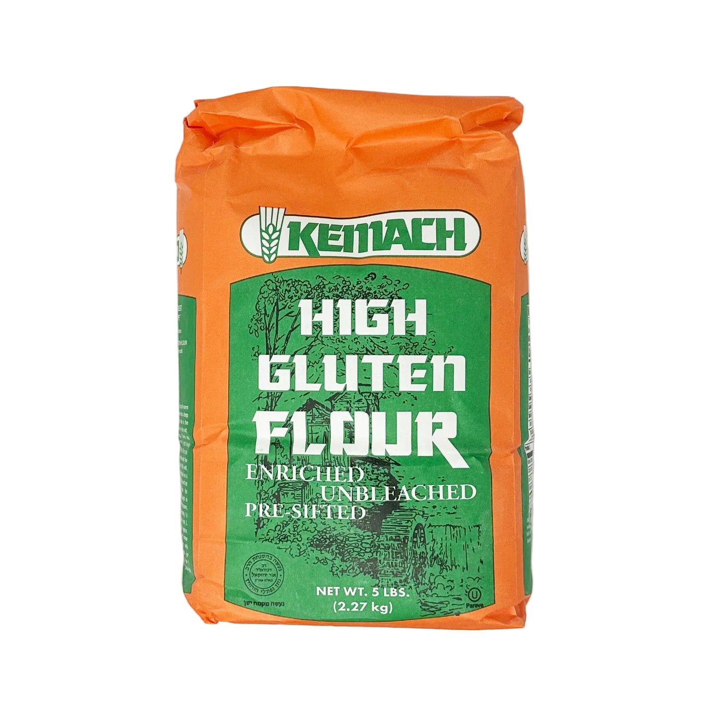 A 5 lb bag of Kemach High Gluten Flour with orange and green labeling.