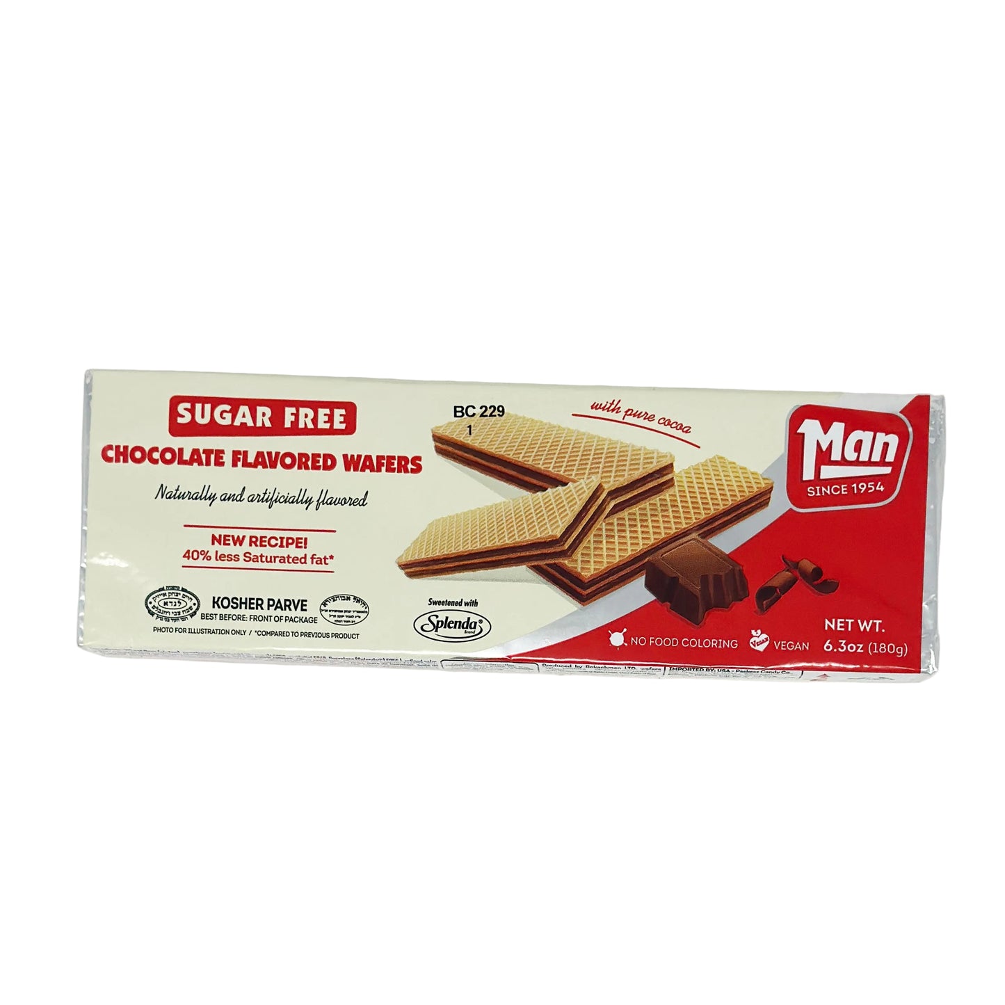 Packaging of Man Sugar Free Chocolate Flavor Wafers, showing the wafers and the brand's logo.