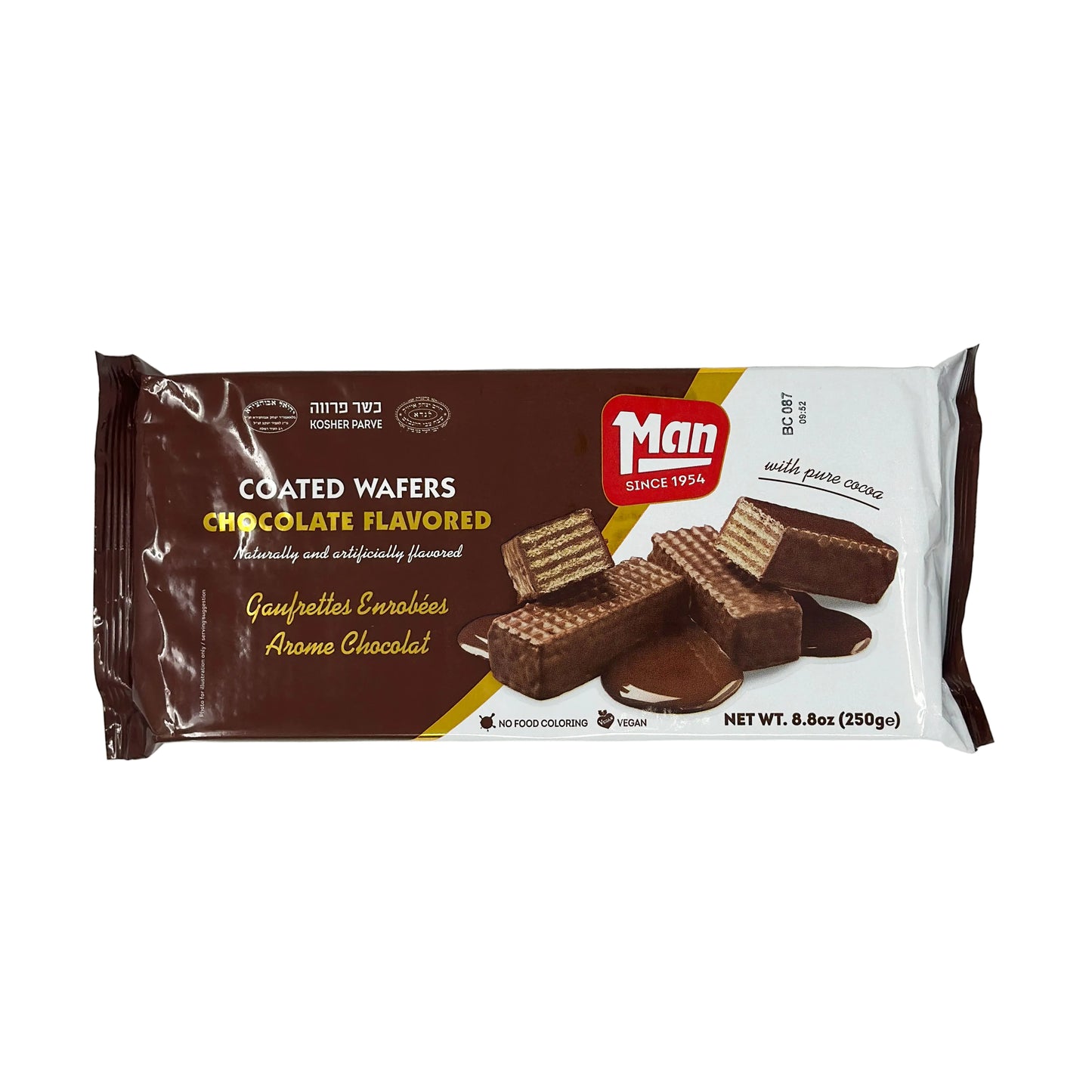 A package of Man brand chocolate coated wafers, with an image of the wafers on the front.