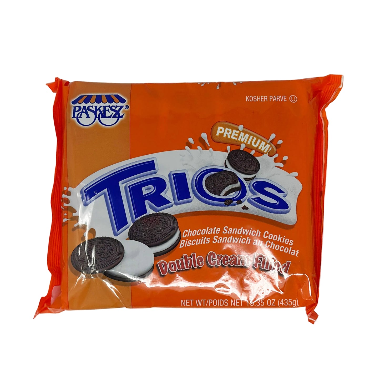 A package of Paskesz Trios Double Cream Filled cookies, 15.35 oz, with orange and blue branding.