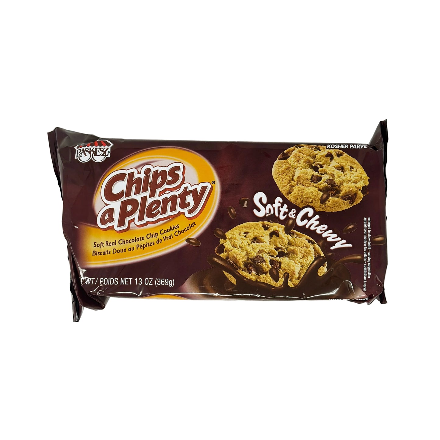 A package of Paskesz Chips a Plenty Soft & Chewy cookies, showing the cookies and the text 'Soft & Chewy' on the packaging.
