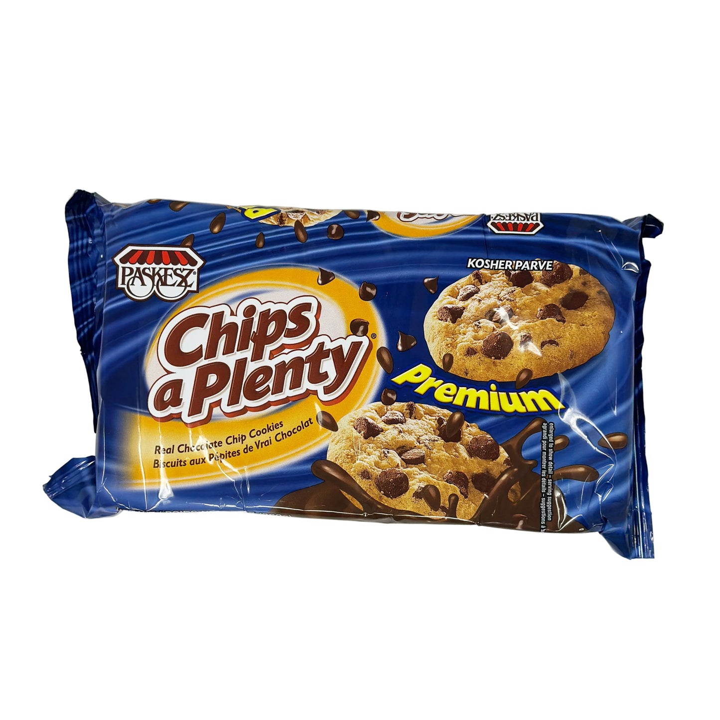 A pack of Paskesz Chips a Plenty Premium cookies, featuring chocolate chip flavor and packaged in a blue bag with the brand's logo and images of the cookies.