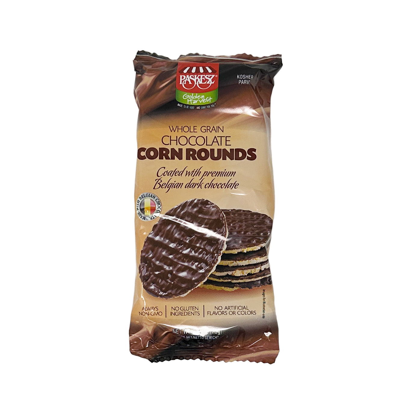Package of whole grain chocolate corn rounds with a visible brand logo on a white background