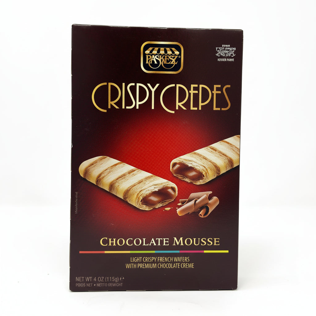 Packaging for Paskesz Chocolate Crispy Crepes. The box is predominantly red with an image of the chocolate crepes on it.