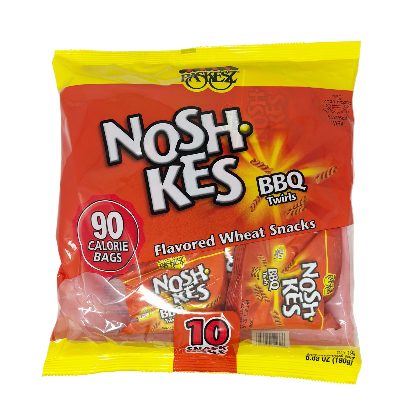 A package of Paskesz Noshkes BBQ Twirls, featuring the product name and calorie information on the front.