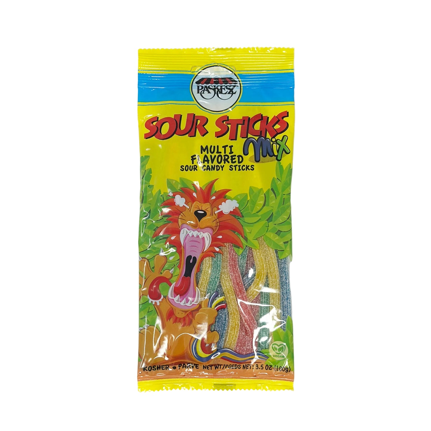 A pack of Paskesz Multi Flavor Sour Sticks with a colorful design featuring an animated lion and various candy shapes visible through the packaging.