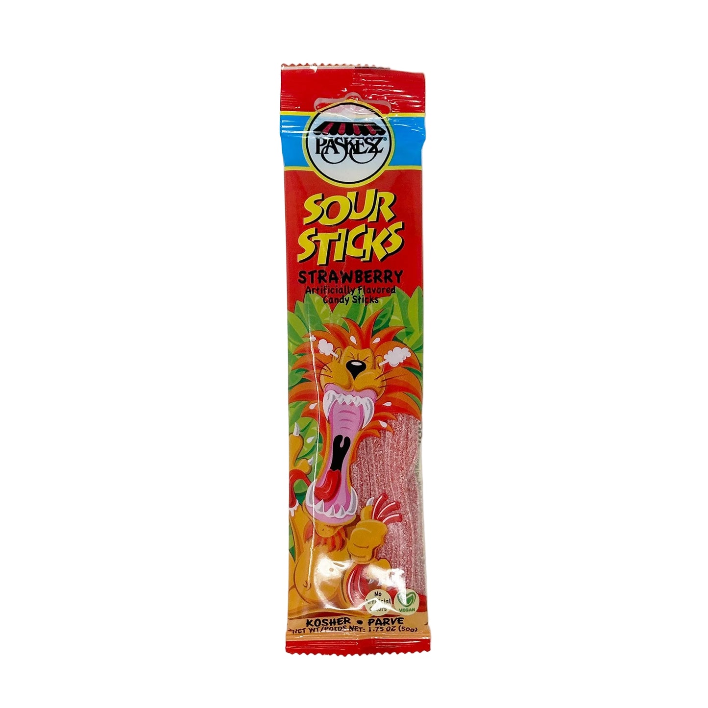 A pack of Paskesz Sour Sticks Strawberry flavor, featuring a colorful design with a strawberry and a cartoon character on the front.