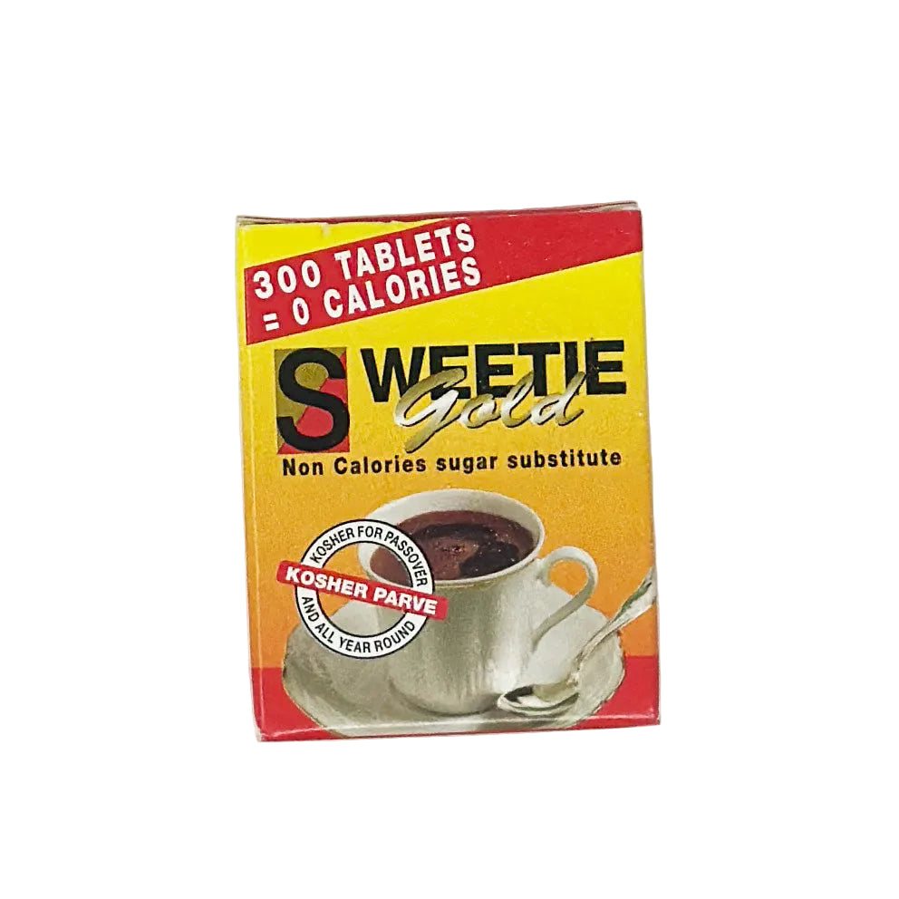 A box of Sweetie Gold non-caloric sugar substitute tablets, with the brand name and a cup of coffee image on the front.