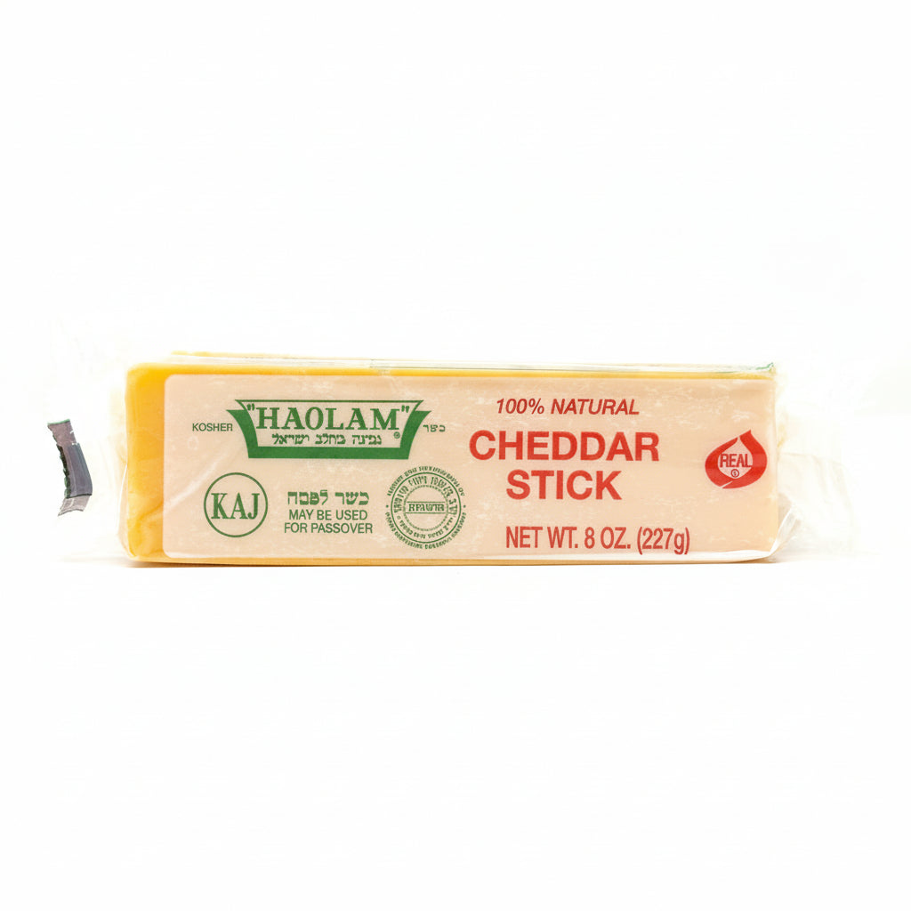 Packaged Haolam Yellow Cheddar Cheese Stick, 8 oz, with branding and certification symbols visible on the label.
