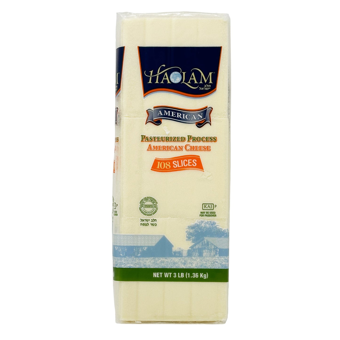 Packaging of Haolam American Sliced White Cheese, 48 oz size, with 'Made in America' label and 'Joys' tagline.