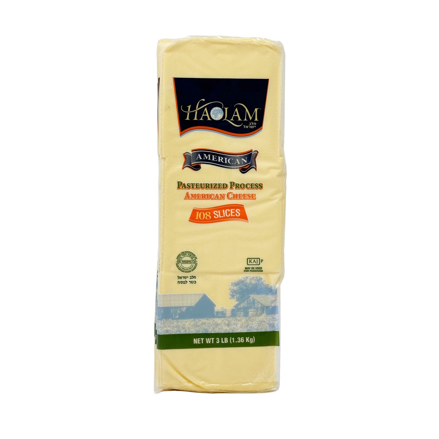Packaging of Haolam American Sliced Cheese, 48 oz size, with branding and product information displayed.