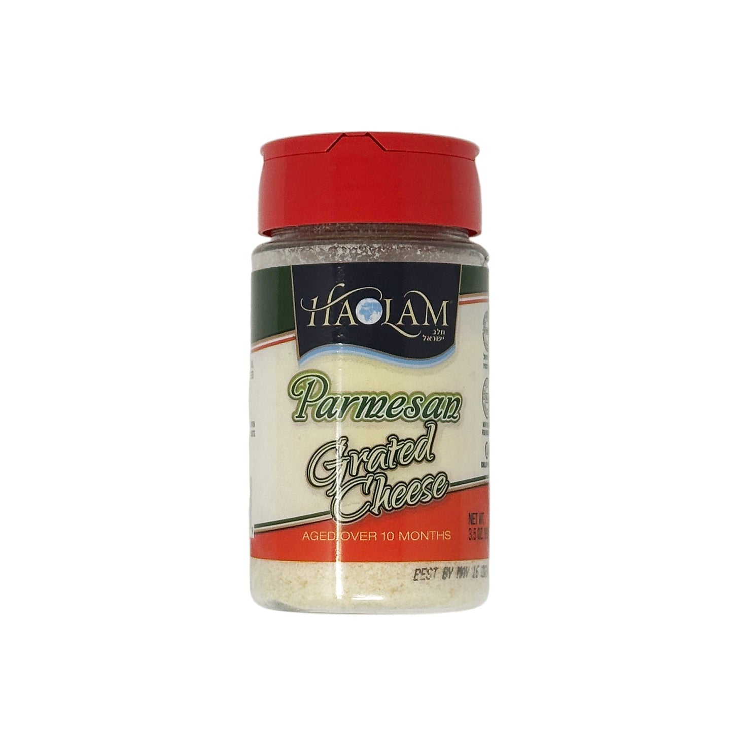 A container of Haolam Parmesan Grated Cheese with a red cap on a white background.