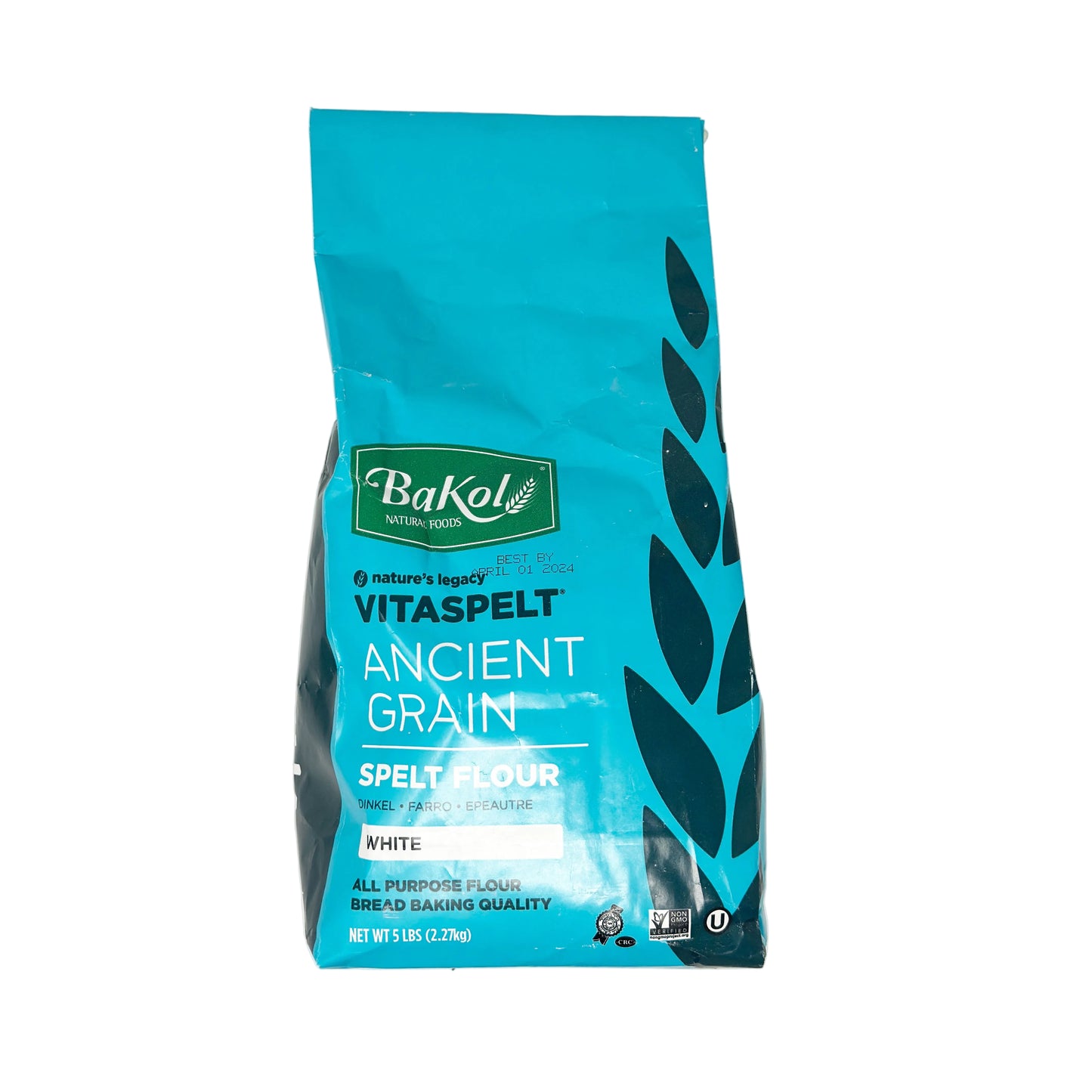 A 5 lb bag of Bakol Vitaspelt Ancient Grain White flour, with a blue and black packaging design.