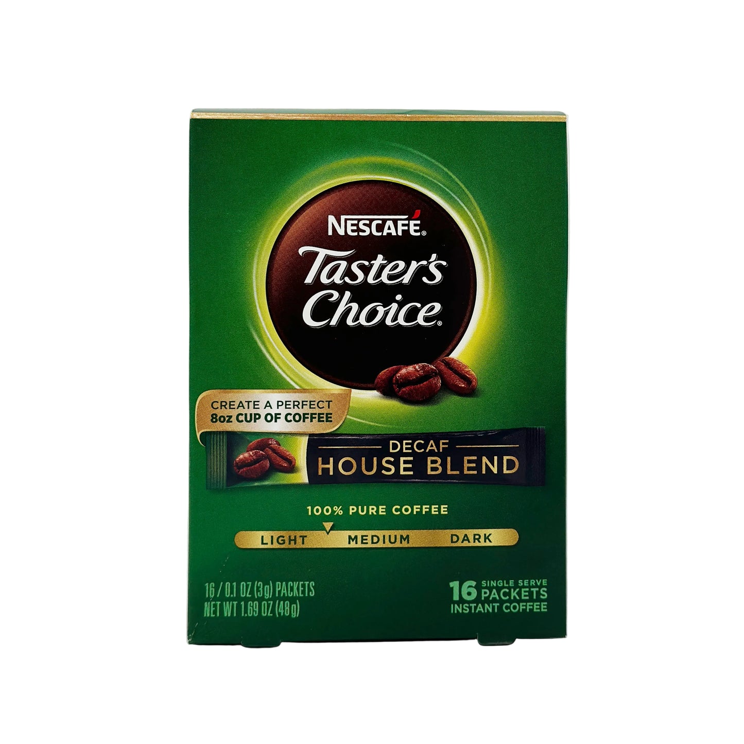 A box of Nescafe Taster's Choice Decaf House Blend coffee packets, with a green and white color scheme, featuring the Nescafe logo and product information.