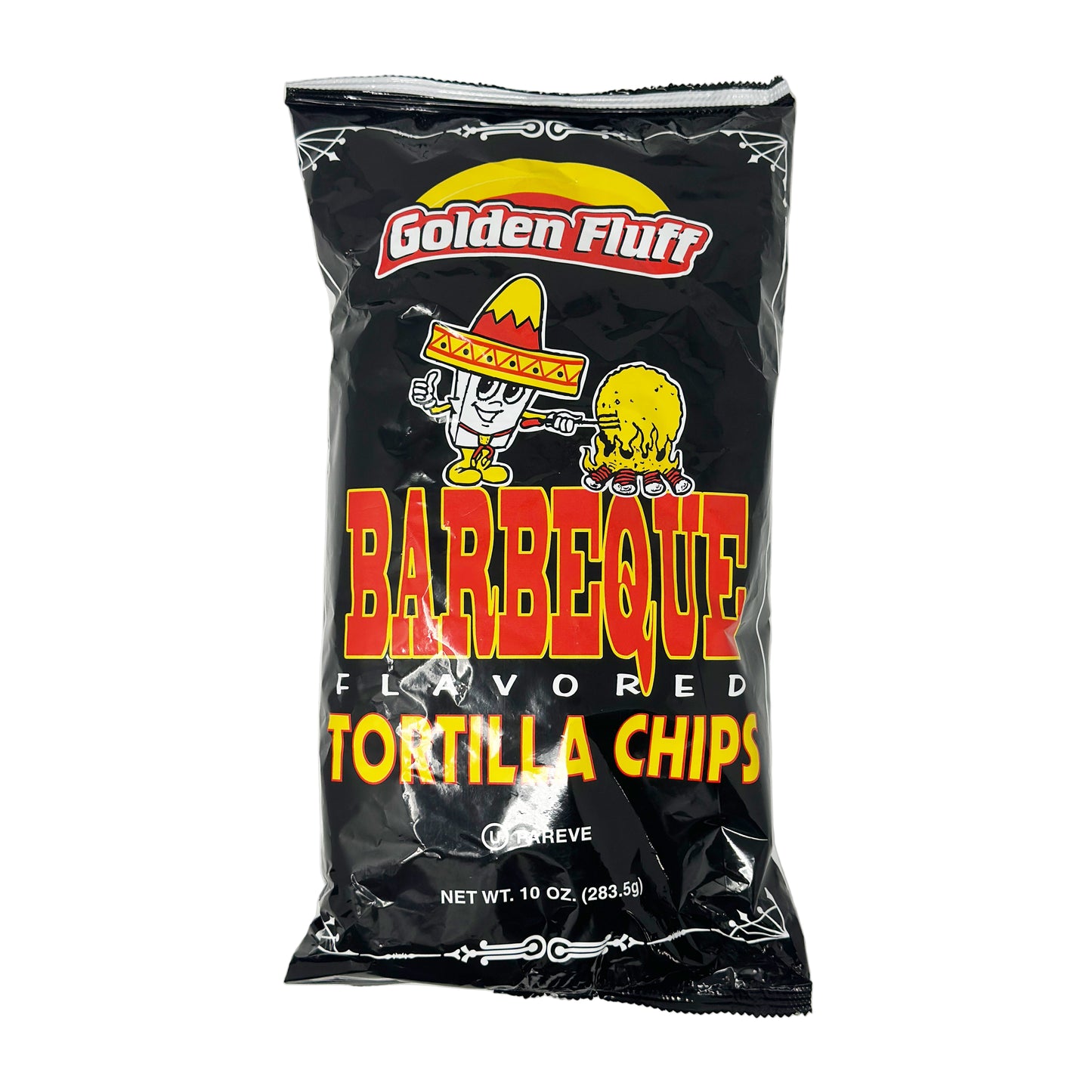 A bag of Golden Fluff Barbeque Flavored Tortilla Chips.