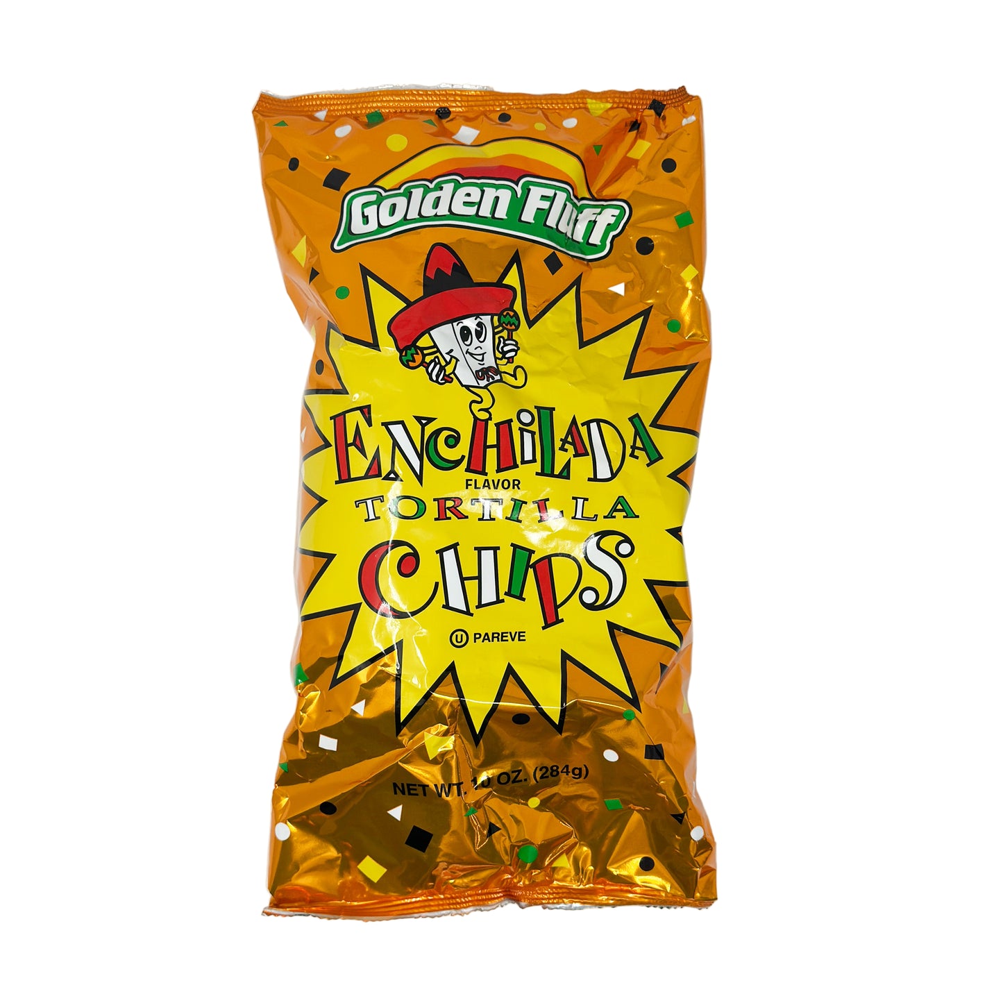 A bag of Golden Fluff Enchilada Chips with a vibrant, colorful design featuring the product name and images of chips, spices, and a cartoon character.