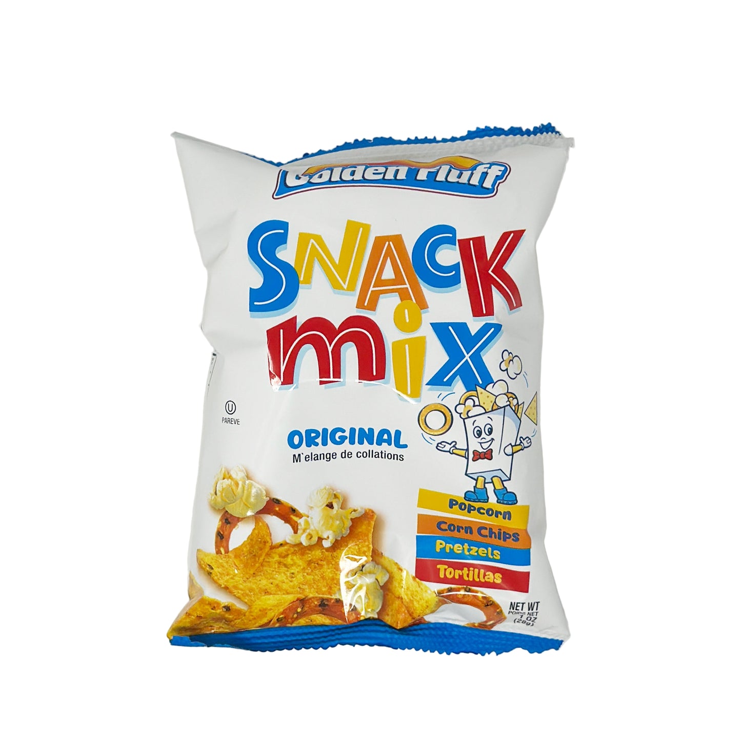 A package of Golden Fluff Snack Mix Original flavor, featuring the product name and an image of the snack mix with chips and a cartoon character on the front.