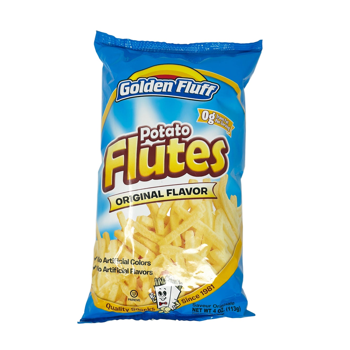 A bag of Golden Fluff Potato Flutes Original Flavor, displaying the product name and image of the potato flutes. The packaging is predominantly blue with images of the potato flutes on the front.