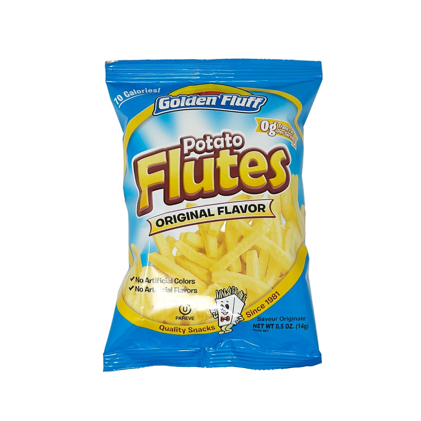 A package of Golden Fluff Potato Flutes Original Flavor. The packaging is blue with an image of the potato flutes on the front and text detailing the product size and flavor.