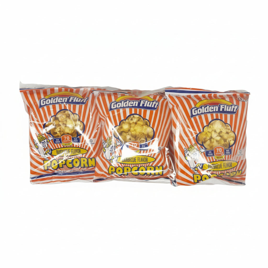 A six-pack of Golden Fluff Popcorn BBQ packaging, each pack is sealed and features the product name and an image of a popcorn. The packaging is primarily orange and white.