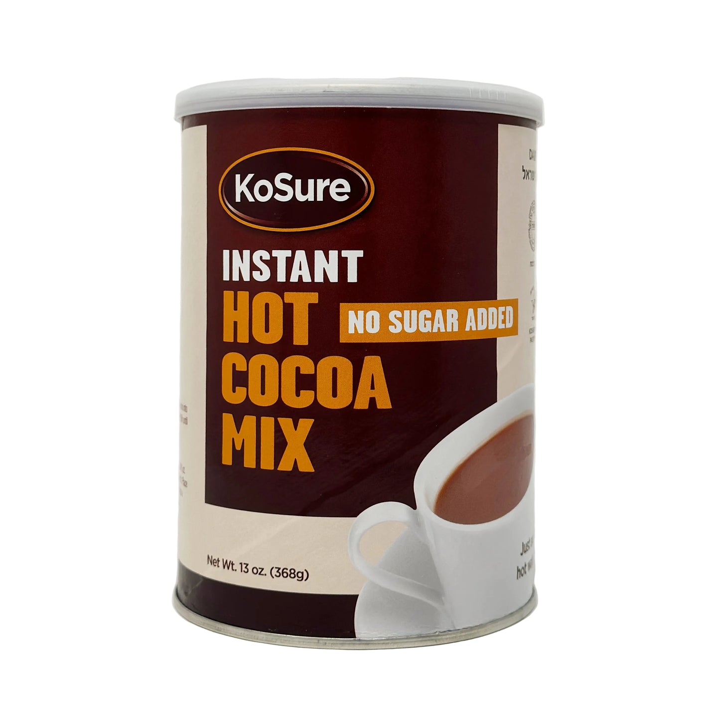 A can of KoSure Instant Hot Cocoa Mix with the text 'No Sugar Added' prominently displayed.