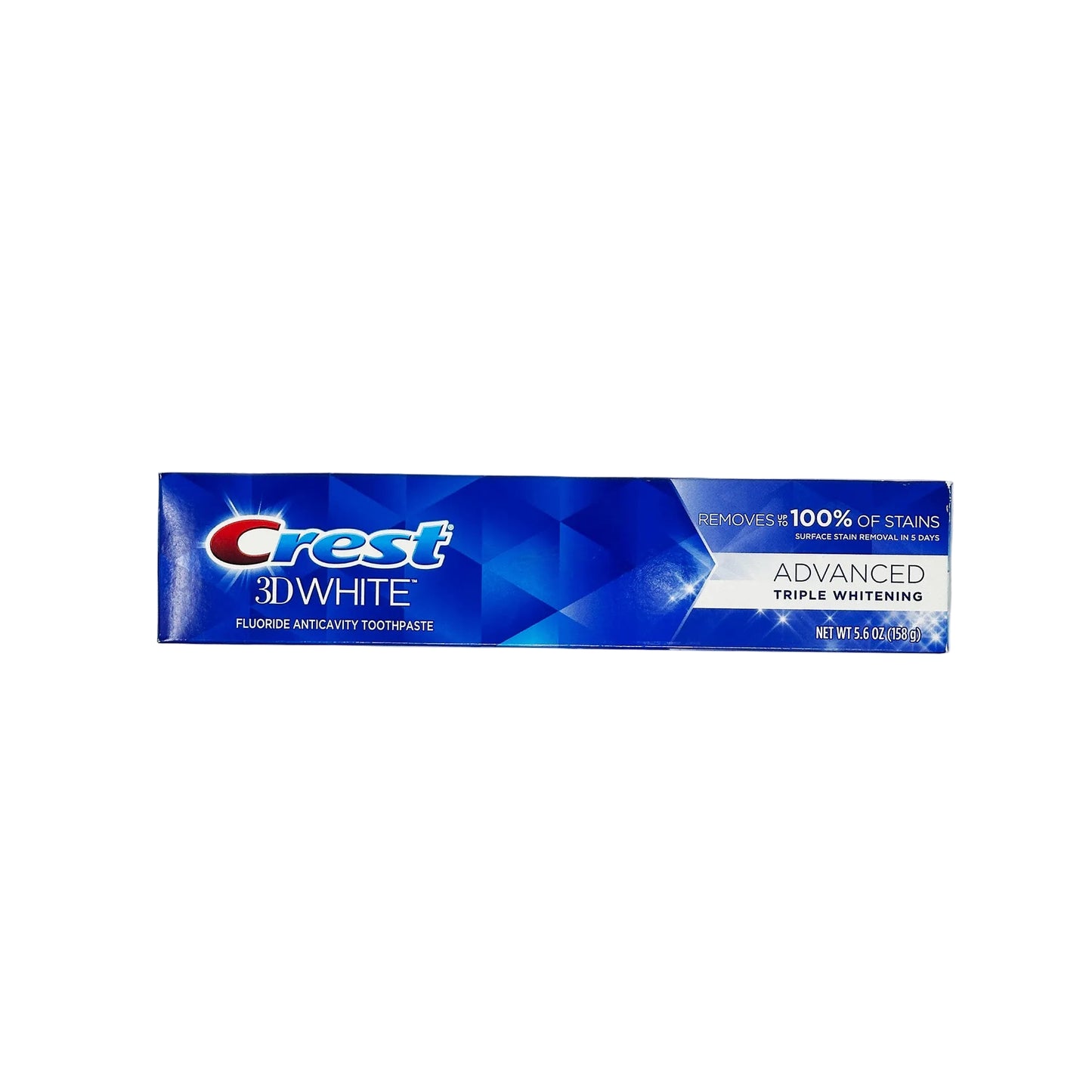 A tube of Crest 3D White Advanced Triple Whitening toothpaste with blue and white packaging, highlighting that it removes up to 80% of surface stains.