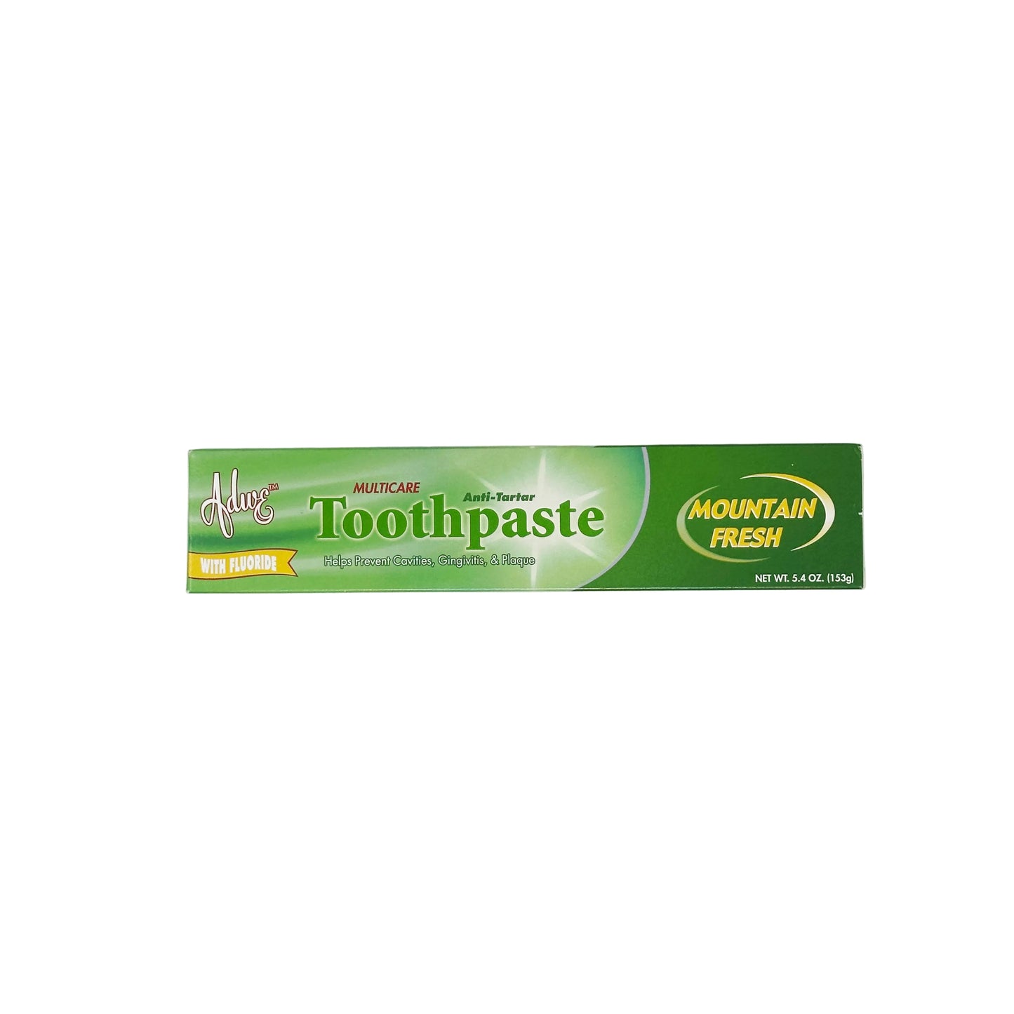 A tube of Alde brand toothpaste with the flavor 'Mountain Fresh'. The packaging is predominantly green and yellow with text detailing the product's benefits.