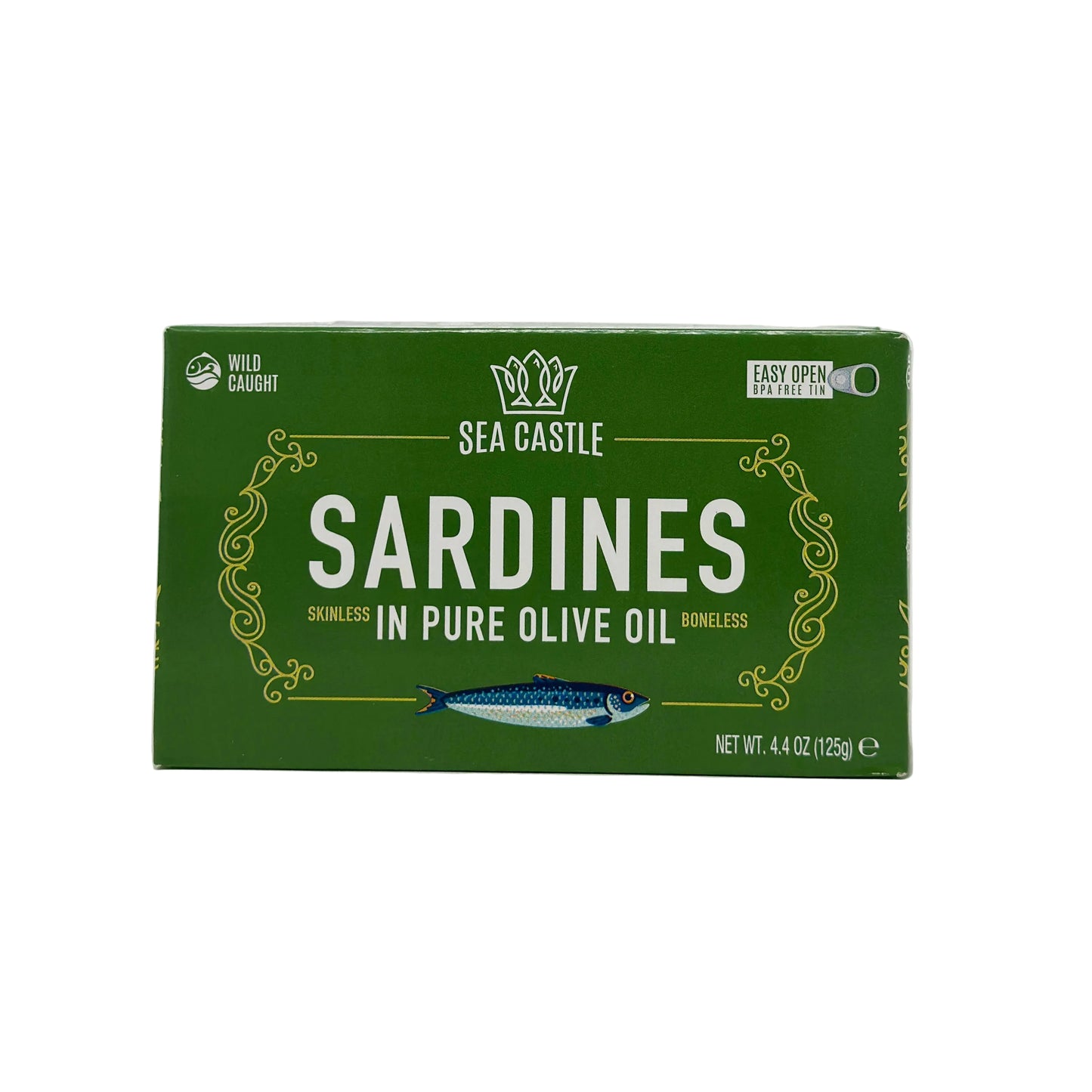 Packaging for Sea Castle Sardines, showing the product name and a graphic of a sardine on a green background.