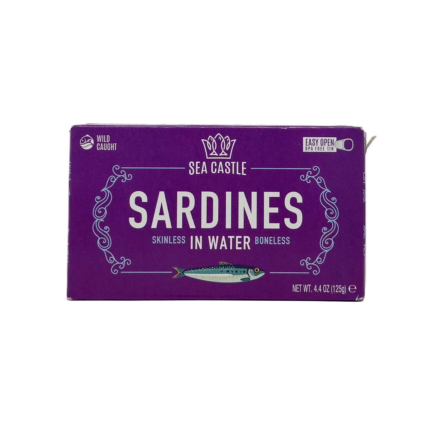 A can of Sea Castle Sardines In Water, 4.4 oz size, with the product's details and branding visible.