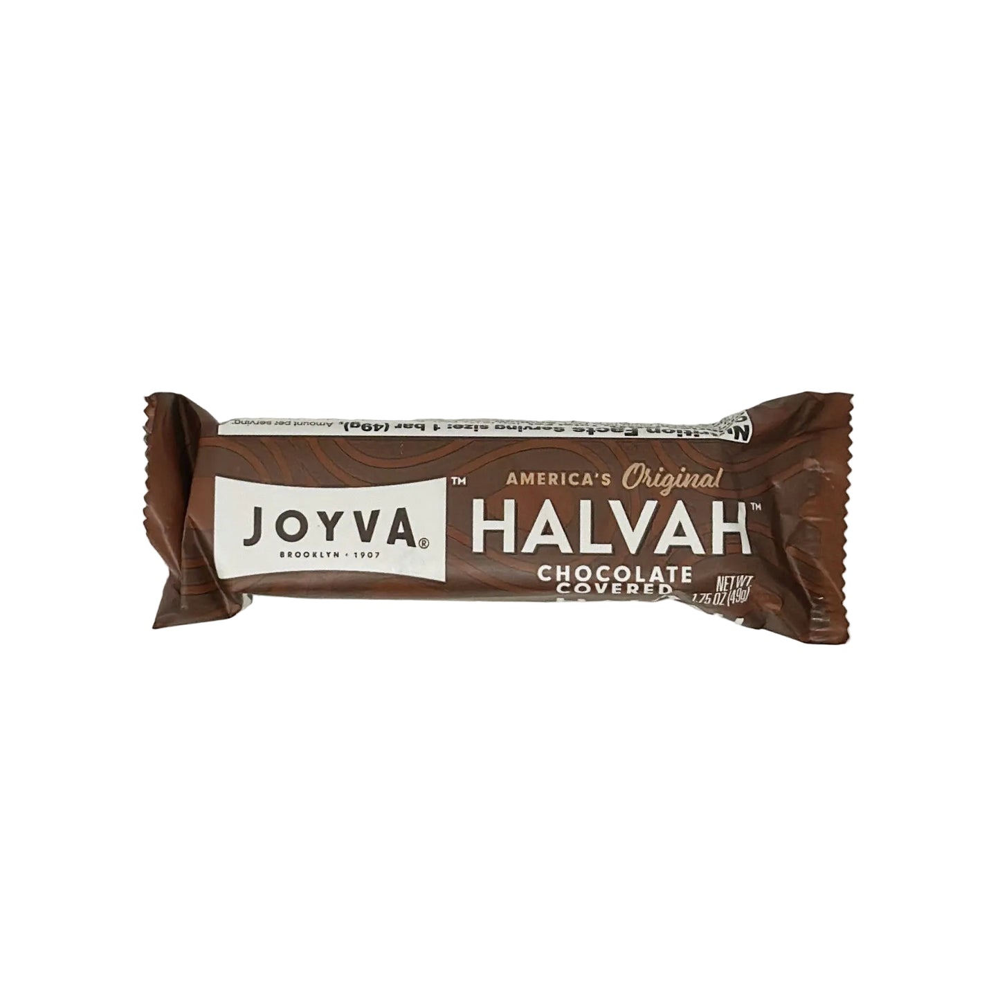 A chocolate covered halvah snack by Joyva, with the branding and flavor clearly visible. The packaging is brown with a white and chocolate design, indicating it is America's original chocolate covered halvah.