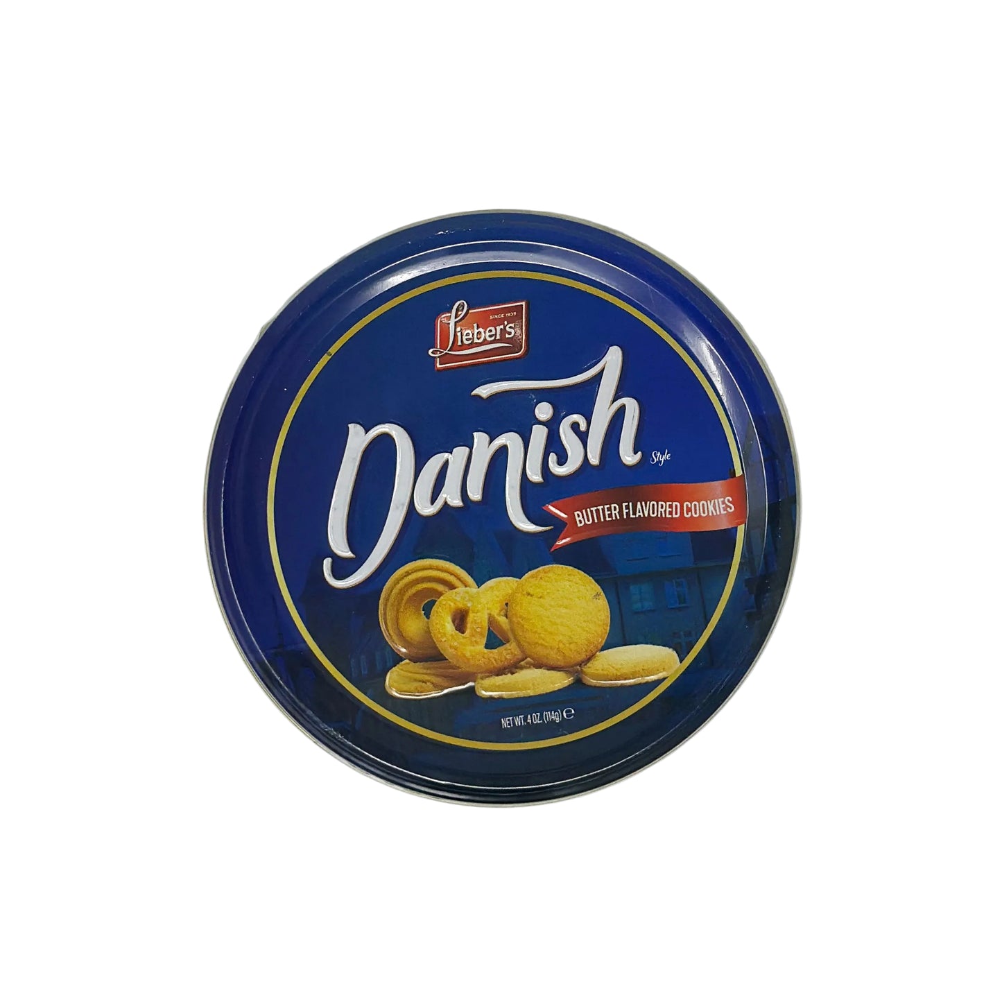 A round blue tin with a gold and white design, labeled 'Lieber's Danish Butter Flavored Cookies', containing 4 oz of cookies.
